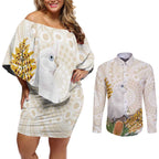Australia Little Corella Couples Matching Off Shoulder Short Dress and Long Sleeve Button Shirt Cacatua Sanguinea Western Grevillea Aboriginal Art - Aussie Hoodie