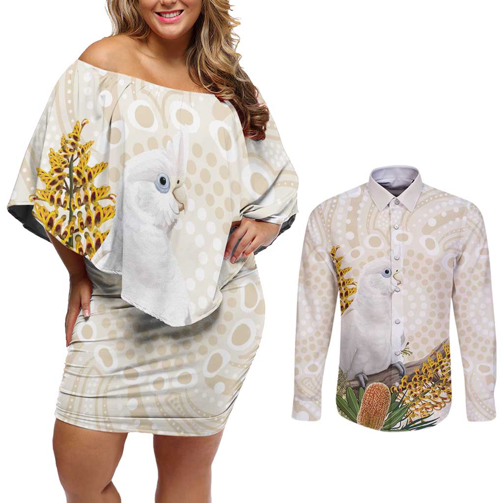 Australia Little Corella Couples Matching Off Shoulder Short Dress and Long Sleeve Button Shirt Cacatua Sanguinea Western Grevillea Aboriginal Art - Aussie Hoodie