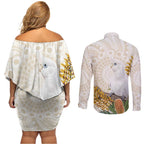 Australia Little Corella Couples Matching Off Shoulder Short Dress and Long Sleeve Button Shirt Cacatua Sanguinea Western Grevillea Aboriginal Art - Aussie Hoodie