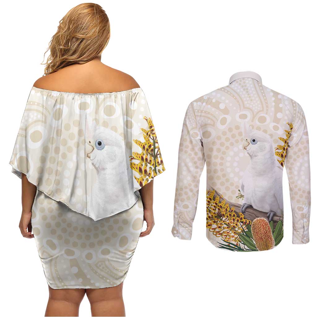 Australia Little Corella Couples Matching Off Shoulder Short Dress and Long Sleeve Button Shirt Cacatua Sanguinea Western Grevillea Aboriginal Art - Aussie Hoodie