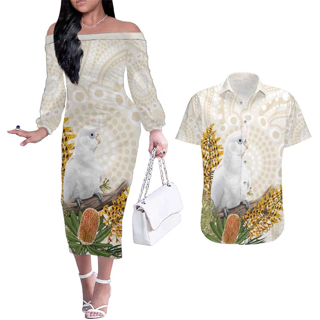 Australia Little Corella Couples Matching Off The Shoulder Long Sleeve Dress and Hawaiian Shirt Cacatua Sanguinea Western Grevillea Aboriginal Art - Aussie Hoodie