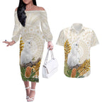 Australia Little Corella Couples Matching Off The Shoulder Long Sleeve Dress and Hawaiian Shirt Cacatua Sanguinea Western Grevillea Aboriginal Art - Aussie Hoodie