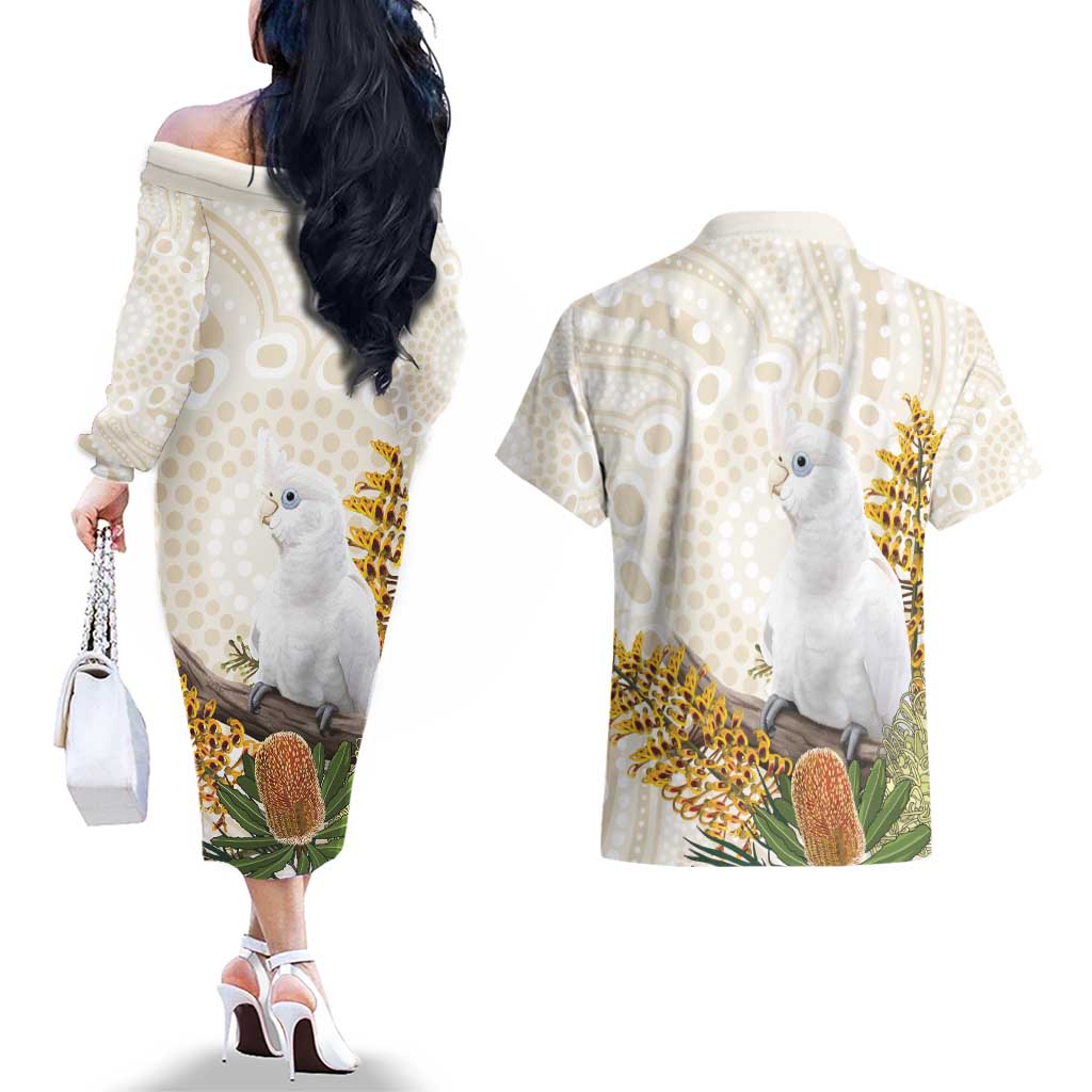 Australia Little Corella Couples Matching Off The Shoulder Long Sleeve Dress and Hawaiian Shirt Cacatua Sanguinea Western Grevillea Aboriginal Art - Aussie Hoodie