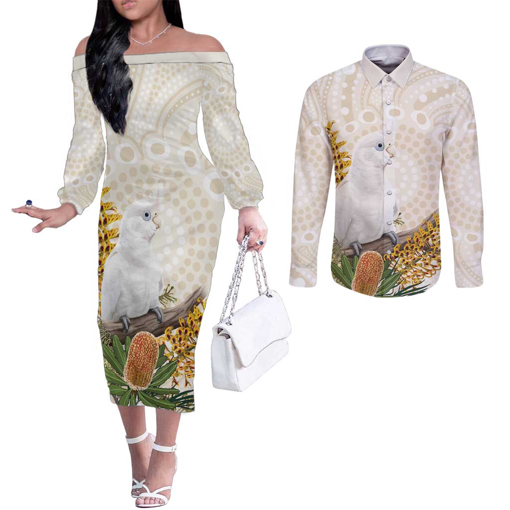 Australia Little Corella Couples Matching Off The Shoulder Long Sleeve Dress and Long Sleeve Button Shirt Cacatua Sanguinea Western Grevillea Aboriginal Art - Aussie Hoodie