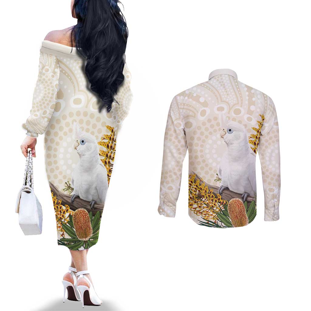 Australia Little Corella Couples Matching Off The Shoulder Long Sleeve Dress and Long Sleeve Button Shirt Cacatua Sanguinea Western Grevillea Aboriginal Art - Aussie Hoodie