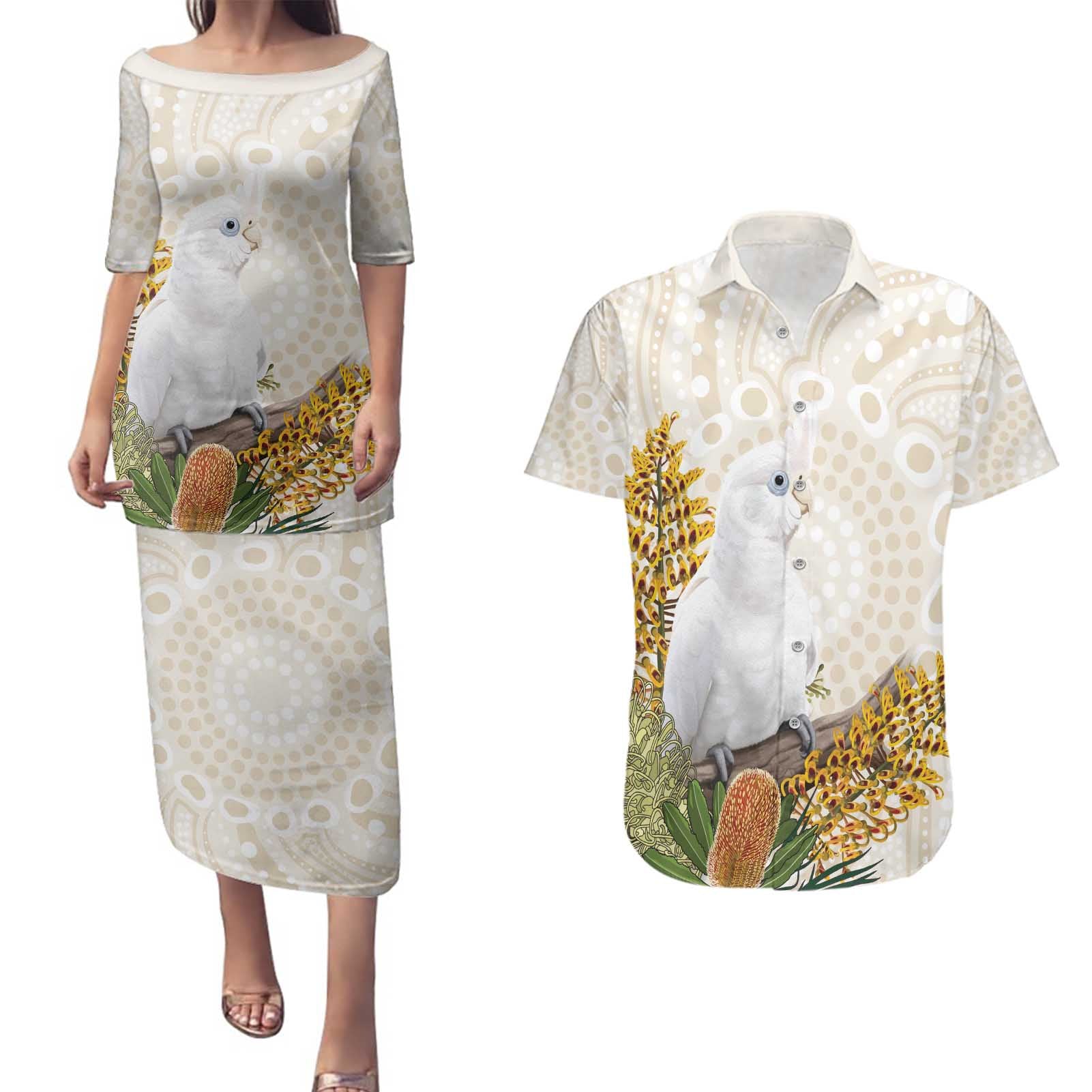 Australia Little Corella Couples Matching Puletasi and Hawaiian Shirt Cacatua Sanguinea Western Grevillea Aboriginal Art - Aussie Hoodie