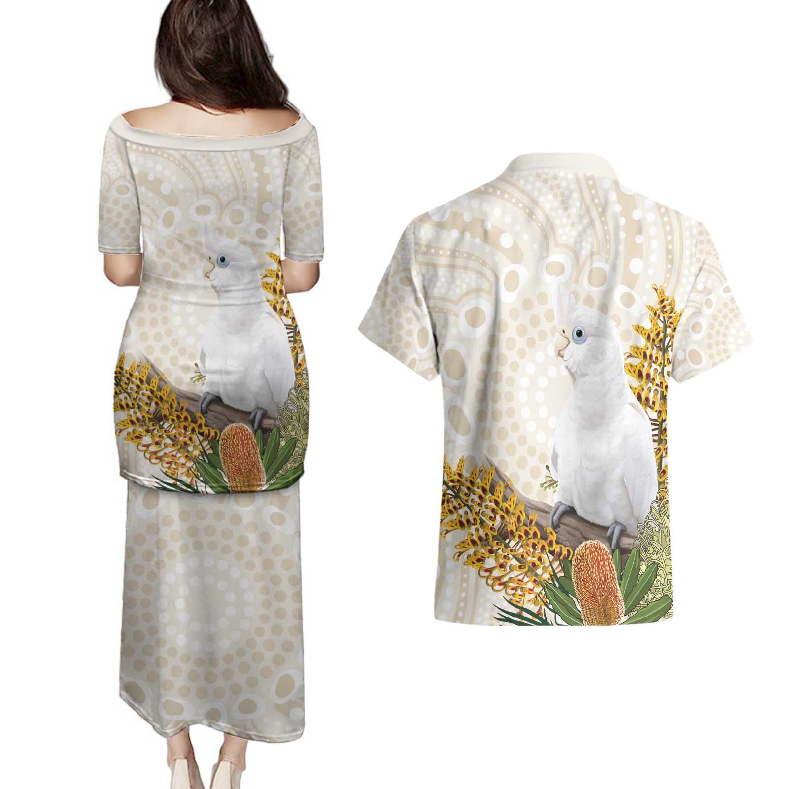 Australia Little Corella Couples Matching Puletasi and Hawaiian Shirt Cacatua Sanguinea Western Grevillea Aboriginal Art - Aussie Hoodie