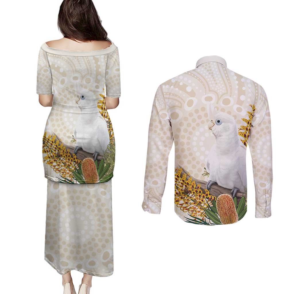 Australia Little Corella Couples Matching Puletasi and Long Sleeve Button Shirt Cacatua Sanguinea Western Grevillea Aboriginal Art - Aussie Hoodie