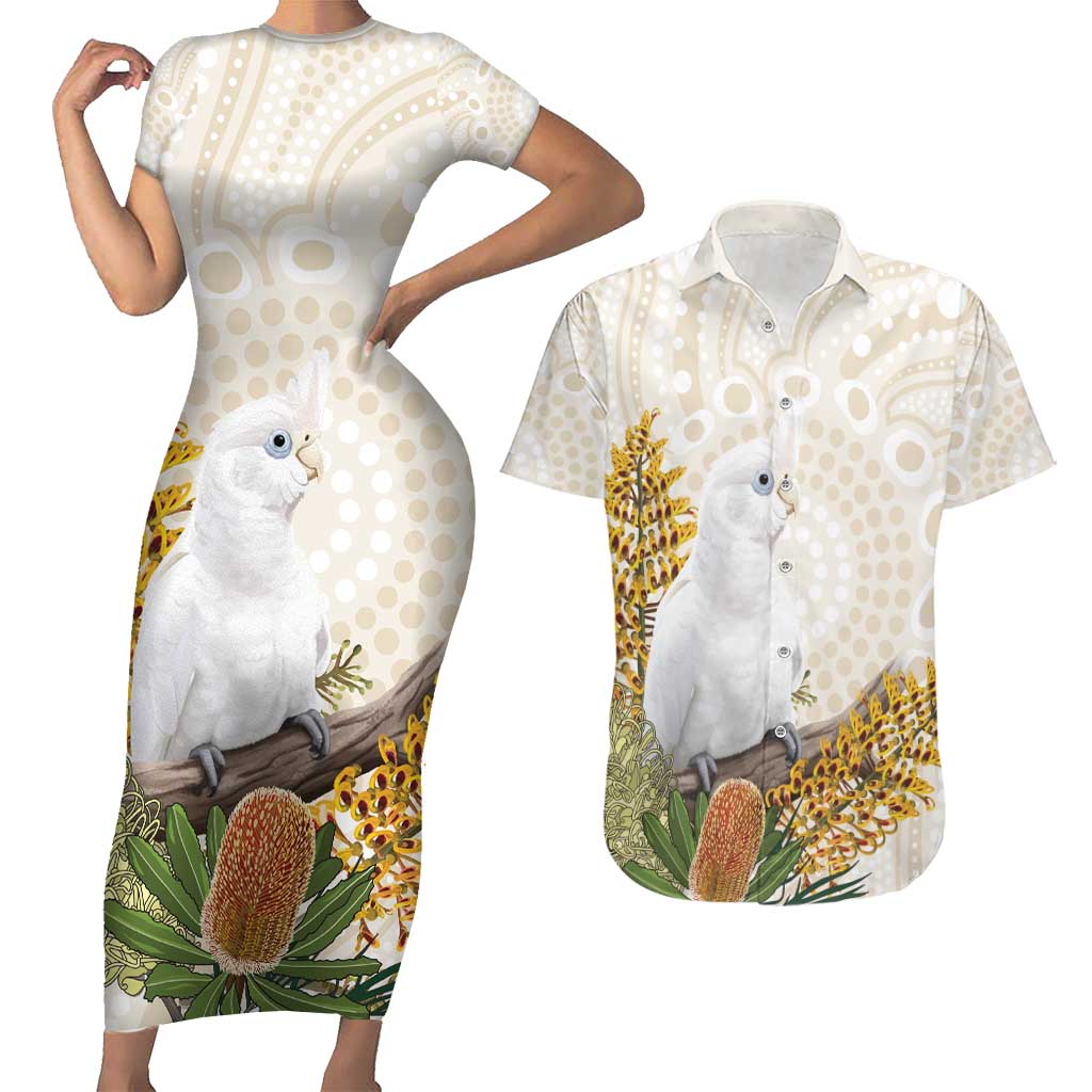 Australia Little Corella Couples Matching Short Sleeve Bodycon Dress and Hawaiian Shirt Cacatua Sanguinea Western Grevillea Aboriginal Art - Aussie Hoodie