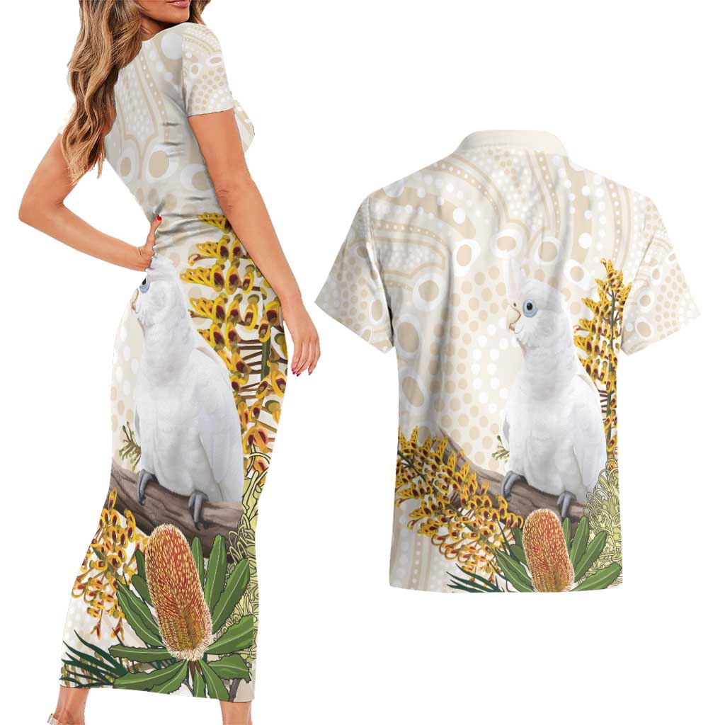 Australia Little Corella Couples Matching Short Sleeve Bodycon Dress and Hawaiian Shirt Cacatua Sanguinea Western Grevillea Aboriginal Art - Aussie Hoodie