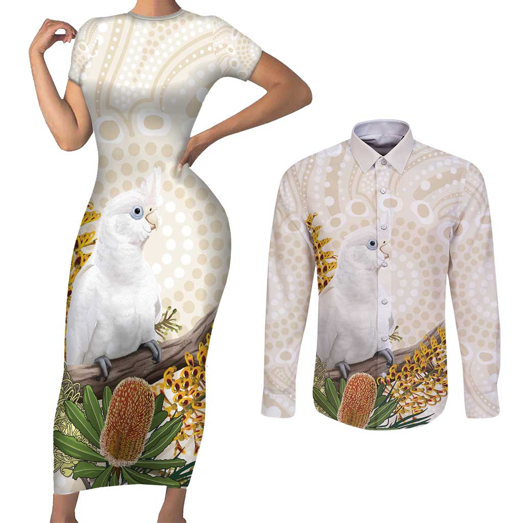 Australia Little Corella Couples Matching Short Sleeve Bodycon Dress and Long Sleeve Button Shirt Cacatua Sanguinea Western Grevillea Aboriginal Art - Aussie Hoodie