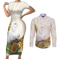 Australia Little Corella Couples Matching Short Sleeve Bodycon Dress and Long Sleeve Button Shirt Cacatua Sanguinea Western Grevillea Aboriginal Art - Aussie Hoodie