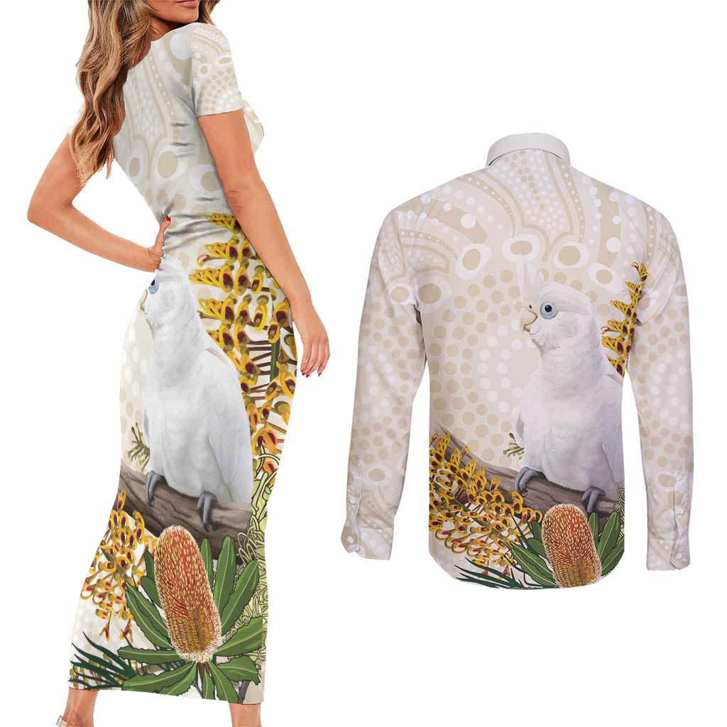 Australia Little Corella Couples Matching Short Sleeve Bodycon Dress and Long Sleeve Button Shirt Cacatua Sanguinea Western Grevillea Aboriginal Art - Aussie Hoodie