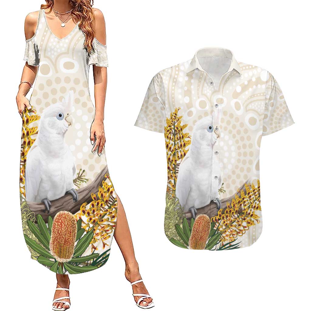 Australia Little Corella Couples Matching Summer Maxi Dress and Hawaiian Shirt Cacatua Sanguinea Western Grevillea Aboriginal Art - Aussie Hoodie