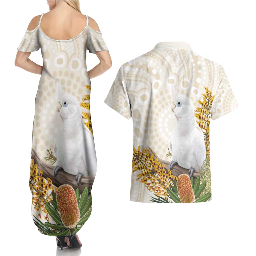 Australia Little Corella Couples Matching Summer Maxi Dress and Hawaiian Shirt Cacatua Sanguinea Western Grevillea Aboriginal Art - Aussie Hoodie