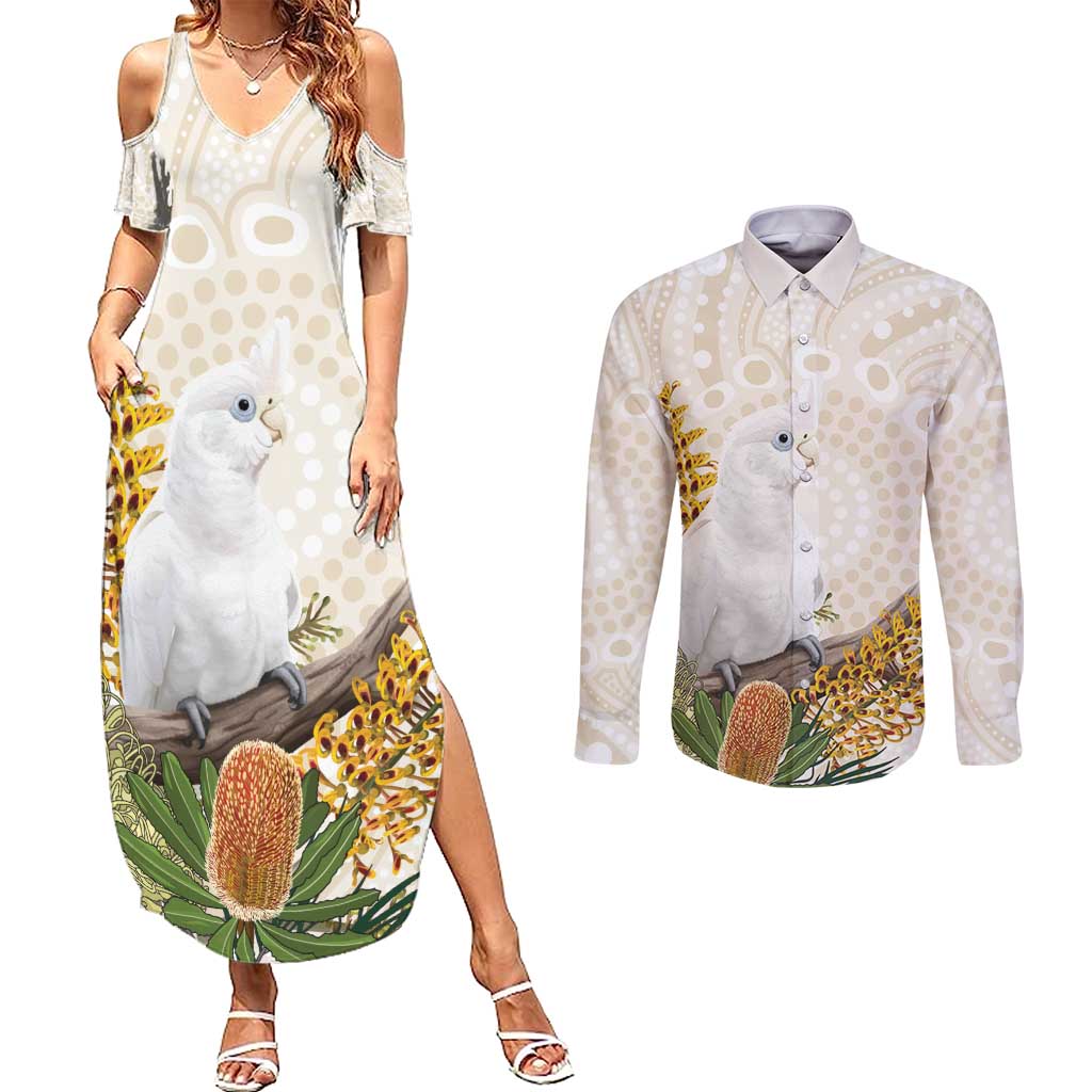 Australia Little Corella Couples Matching Summer Maxi Dress and Long Sleeve Button Shirt Cacatua Sanguinea Western Grevillea Aboriginal Art - Aussie Hoodie