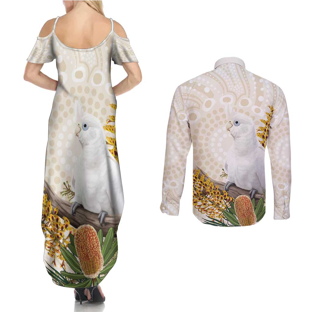 Australia Little Corella Couples Matching Summer Maxi Dress and Long Sleeve Button Shirt Cacatua Sanguinea Western Grevillea Aboriginal Art - Aussie Hoodie