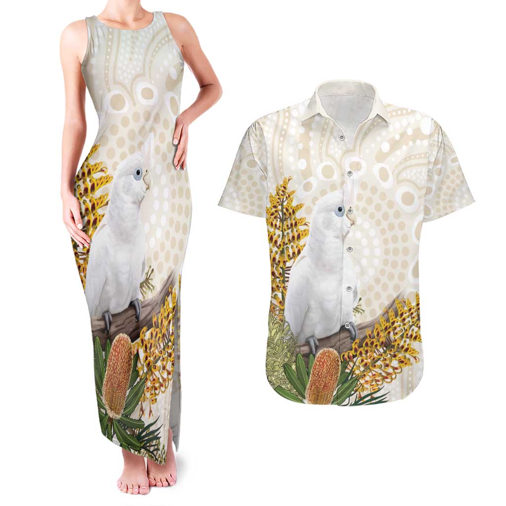 Australia Little Corella Couples Matching Tank Maxi Dress and Hawaiian Shirt Cacatua Sanguinea Western Grevillea Aboriginal Art - Aussie Hoodie