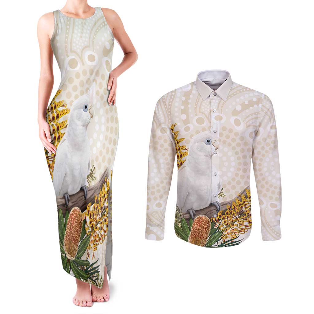 Australia Little Corella Couples Matching Tank Maxi Dress and Long Sleeve Button Shirt Cacatua Sanguinea Western Grevillea Aboriginal Art - Aussie Hoodie