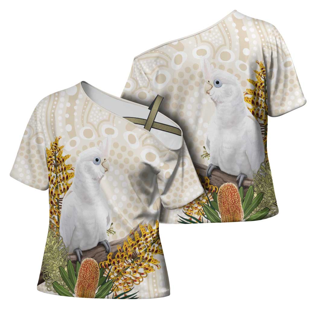 Australia Little Corella Cross Shoulder Shirt Cacatua Sanguinea Western Grevillea Aboriginal Art - Aussie Hoodie