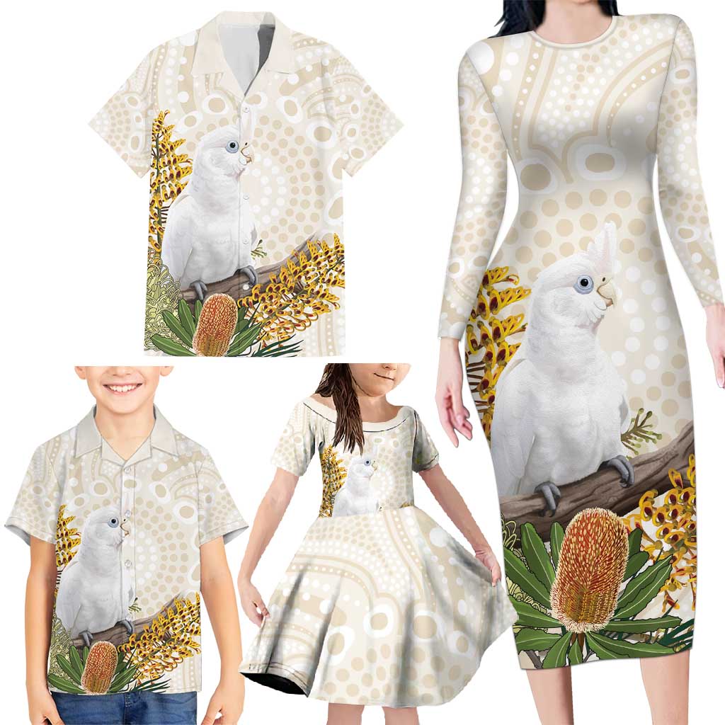 Australia Little Corella Family Matching Long Sleeve Bodycon Dress and Hawaiian Shirt Cacatua Sanguinea Western Grevillea Aboriginal Art - Aussie Hoodie