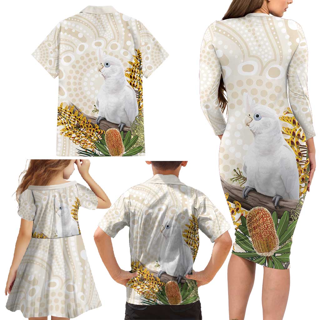 Australia Little Corella Family Matching Long Sleeve Bodycon Dress and Hawaiian Shirt Cacatua Sanguinea Western Grevillea Aboriginal Art - Aussie Hoodie