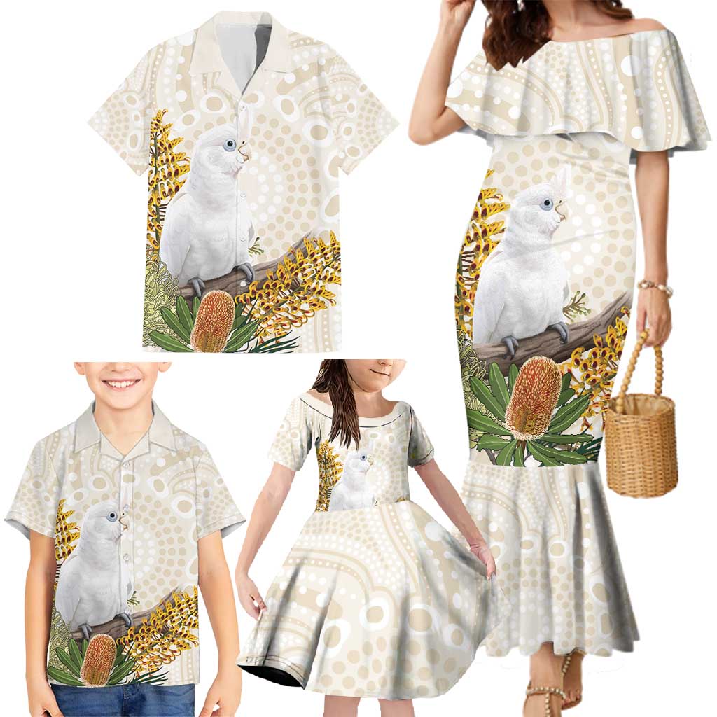 Australia Little Corella Family Matching Mermaid Dress and Hawaiian Shirt Cacatua Sanguinea Western Grevillea Aboriginal Art - Aussie Hoodie