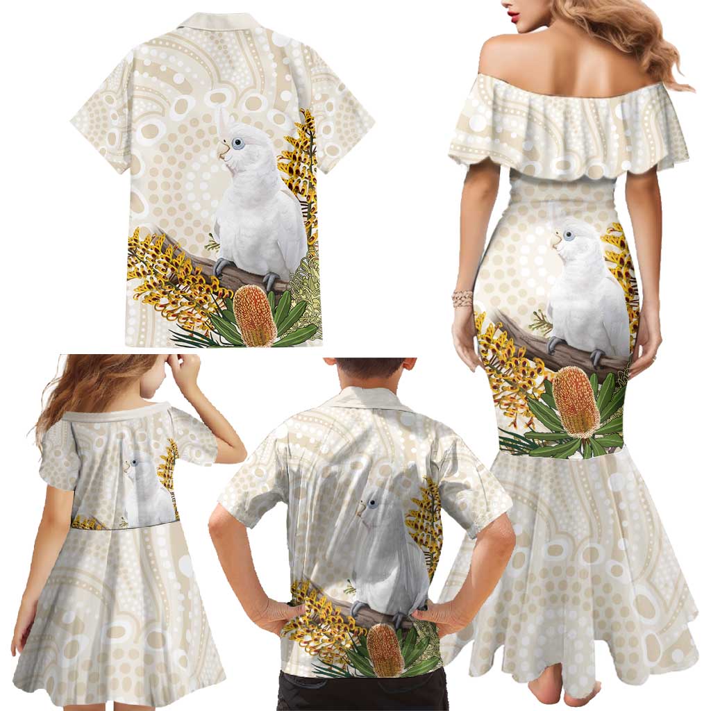Australia Little Corella Family Matching Mermaid Dress and Hawaiian Shirt Cacatua Sanguinea Western Grevillea Aboriginal Art - Aussie Hoodie