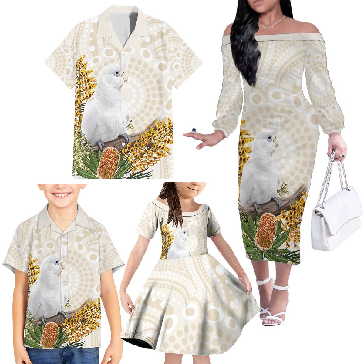 Australia Little Corella Family Matching Off The Shoulder Long Sleeve Dress and Hawaiian Shirt Cacatua Sanguinea Western Grevillea Aboriginal Art - Aussie Hoodie