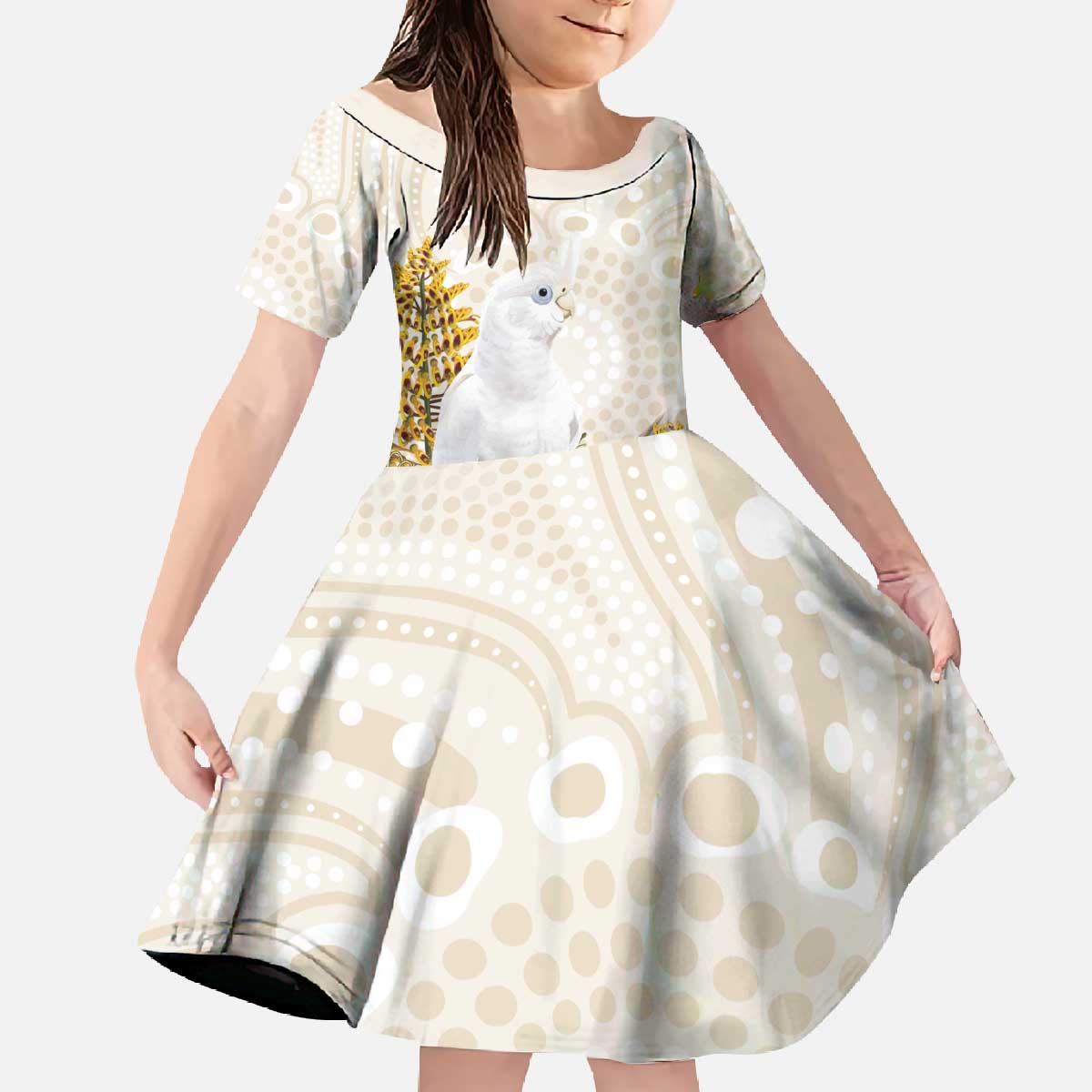 Australia Little Corella Family Matching Off The Shoulder Long Sleeve Dress and Hawaiian Shirt Cacatua Sanguinea Western Grevillea Aboriginal Art - Aussie Hoodie