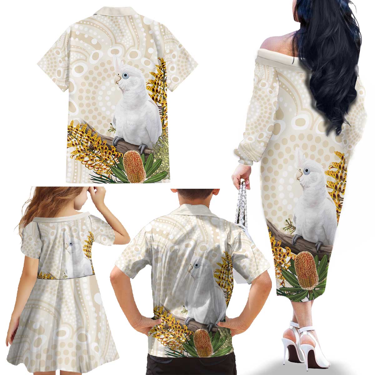 Australia Little Corella Family Matching Off The Shoulder Long Sleeve Dress and Hawaiian Shirt Cacatua Sanguinea Western Grevillea Aboriginal Art - Aussie Hoodie