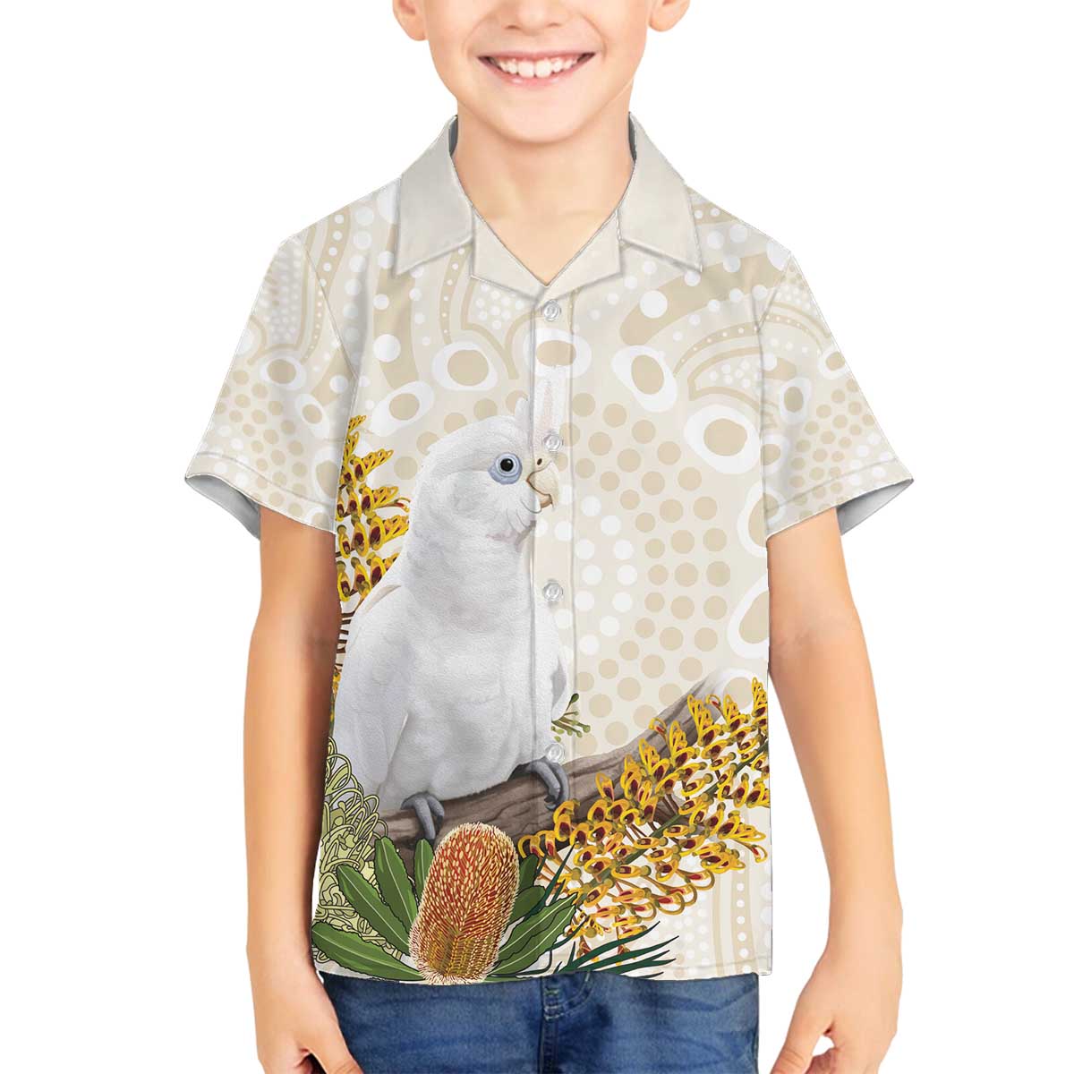Australia Little Corella Family Matching Off The Shoulder Long Sleeve Dress and Hawaiian Shirt Cacatua Sanguinea Western Grevillea Aboriginal Art - Aussie Hoodie