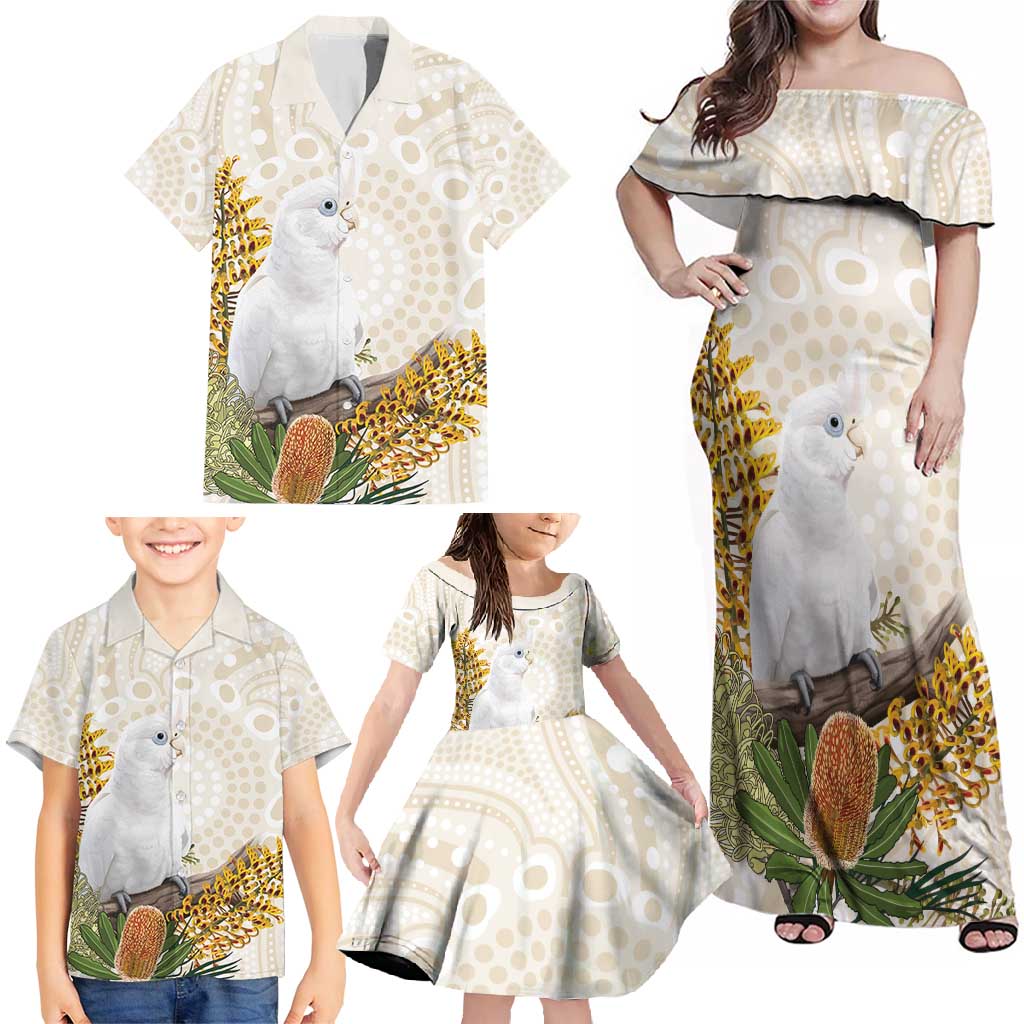 Australia Little Corella Family Matching Off Shoulder Maxi Dress and Hawaiian Shirt Cacatua Sanguinea Western Grevillea Aboriginal Art - Aussie Hoodie