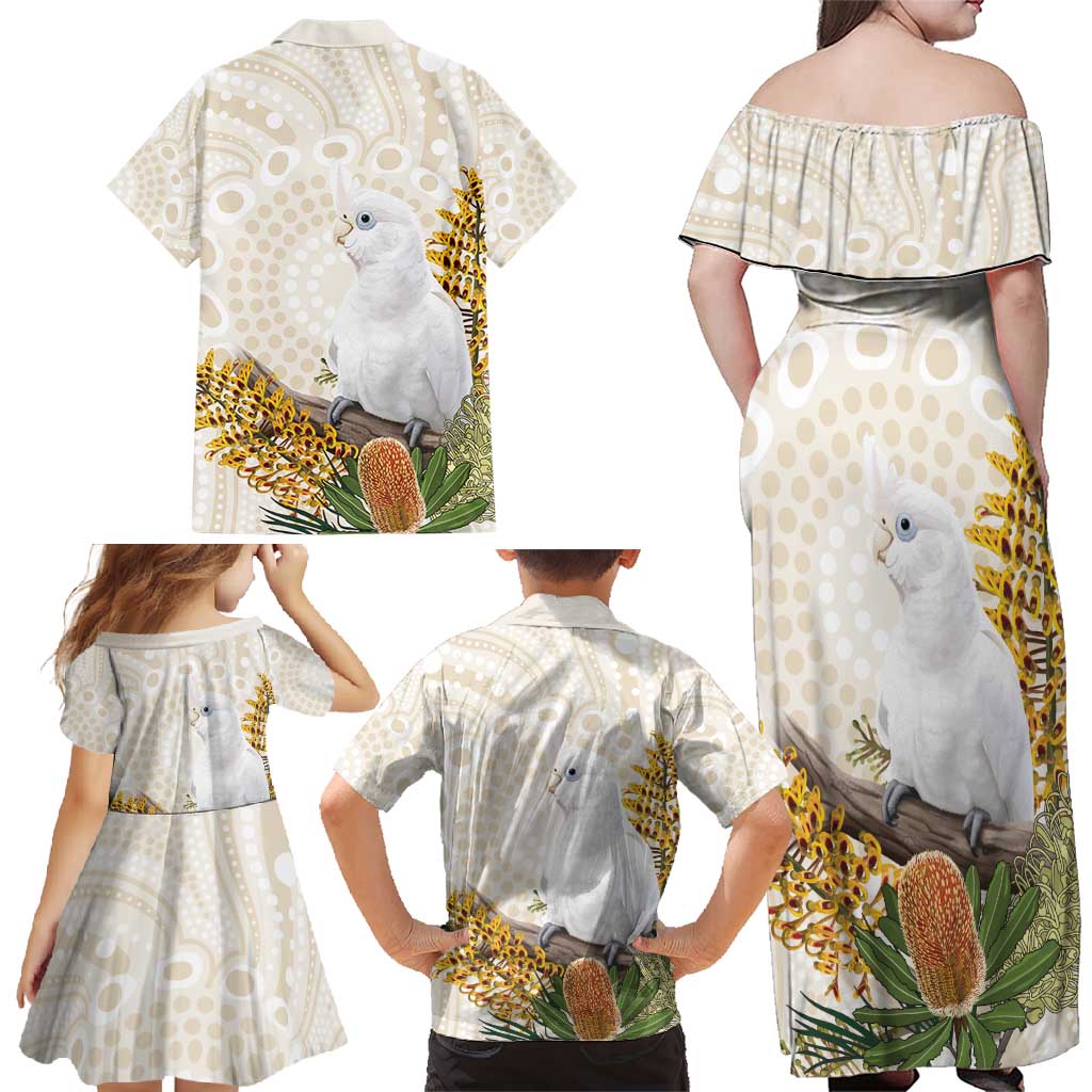 Australia Little Corella Family Matching Off Shoulder Maxi Dress and Hawaiian Shirt Cacatua Sanguinea Western Grevillea Aboriginal Art - Aussie Hoodie