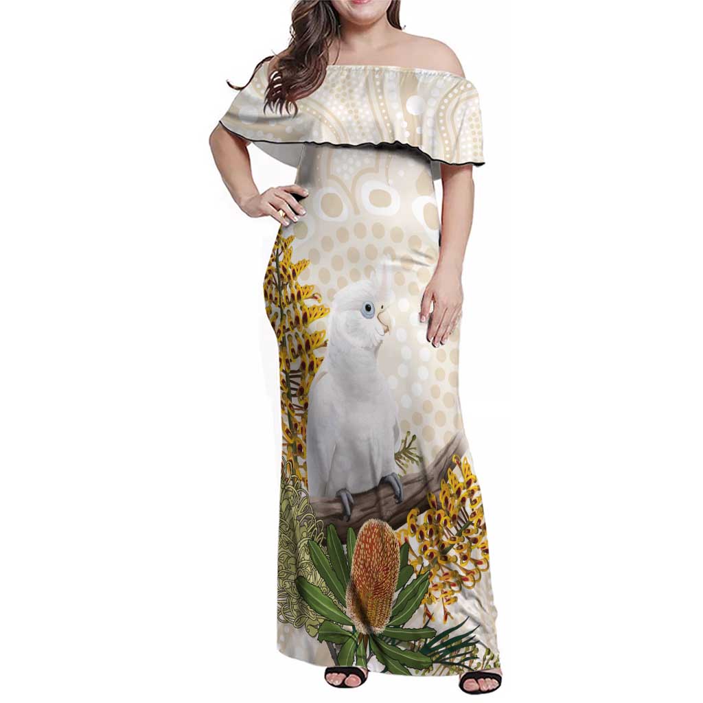 Australia Little Corella Family Matching Off Shoulder Maxi Dress and Hawaiian Shirt Cacatua Sanguinea Western Grevillea Aboriginal Art - Aussie Hoodie