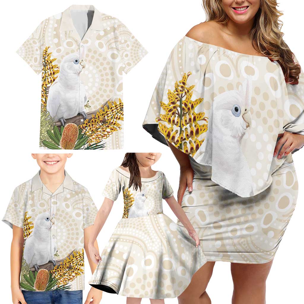 Australia Little Corella Family Matching Off Shoulder Short Dress and Hawaiian Shirt Cacatua Sanguinea Western Grevillea Aboriginal Art - Aussie Hoodie