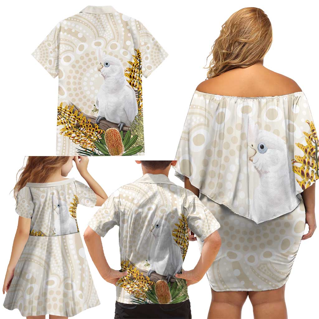 Australia Little Corella Family Matching Off Shoulder Short Dress and Hawaiian Shirt Cacatua Sanguinea Western Grevillea Aboriginal Art - Aussie Hoodie