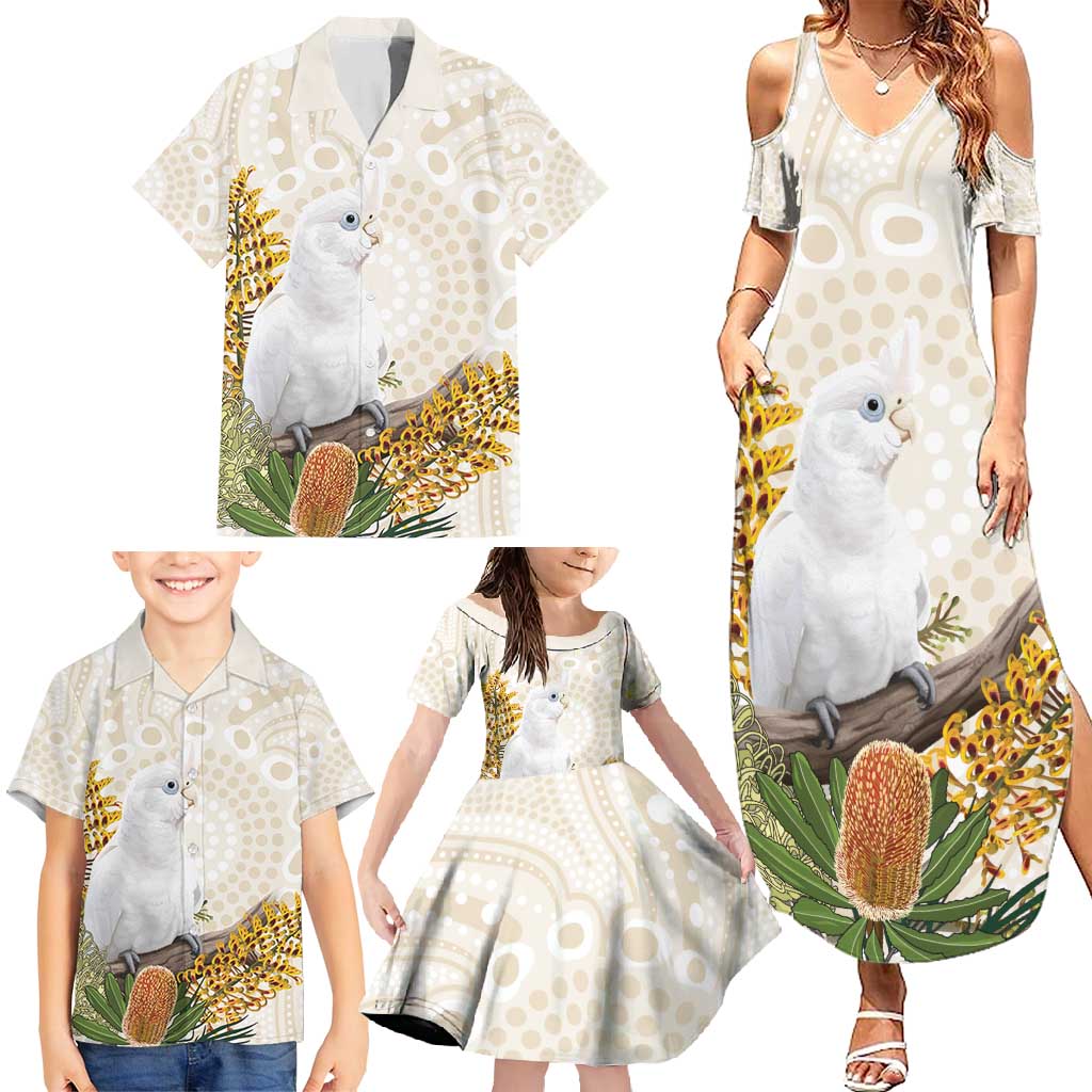 Australia Little Corella Family Matching Summer Maxi Dress and Hawaiian Shirt Cacatua Sanguinea Western Grevillea Aboriginal Art - Aussie Hoodie