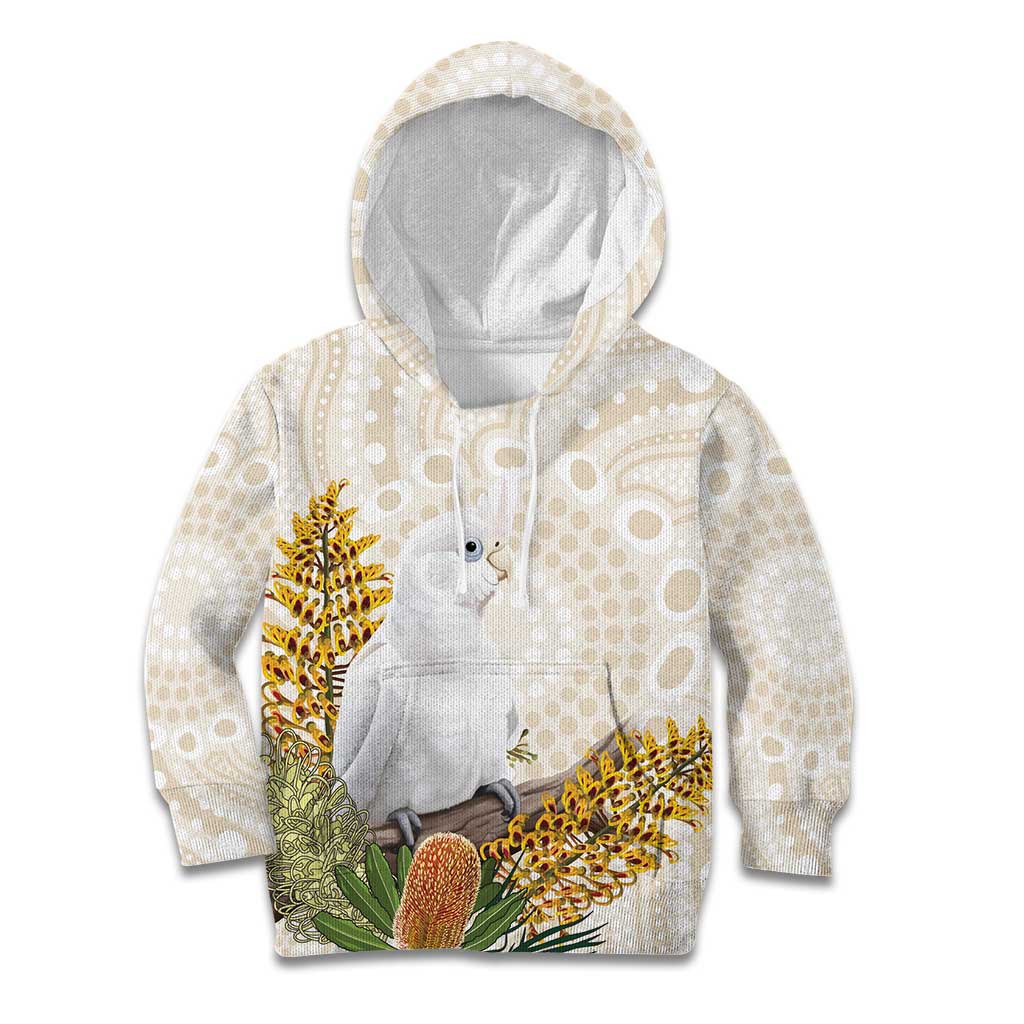 Australia Little Corella Kid Hoodie Cacatua Sanguinea Western Grevillea Aboriginal Art - Aussie Hoodie
