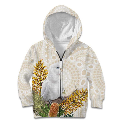 Australia Little Corella Kid Hoodie Cacatua Sanguinea Western Grevillea Aboriginal Art - Aussie Hoodie