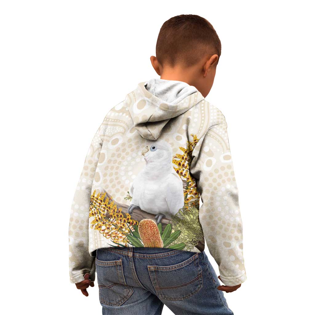 Australia Little Corella Kid Hoodie Cacatua Sanguinea Western Grevillea Aboriginal Art - Aussie Hoodie