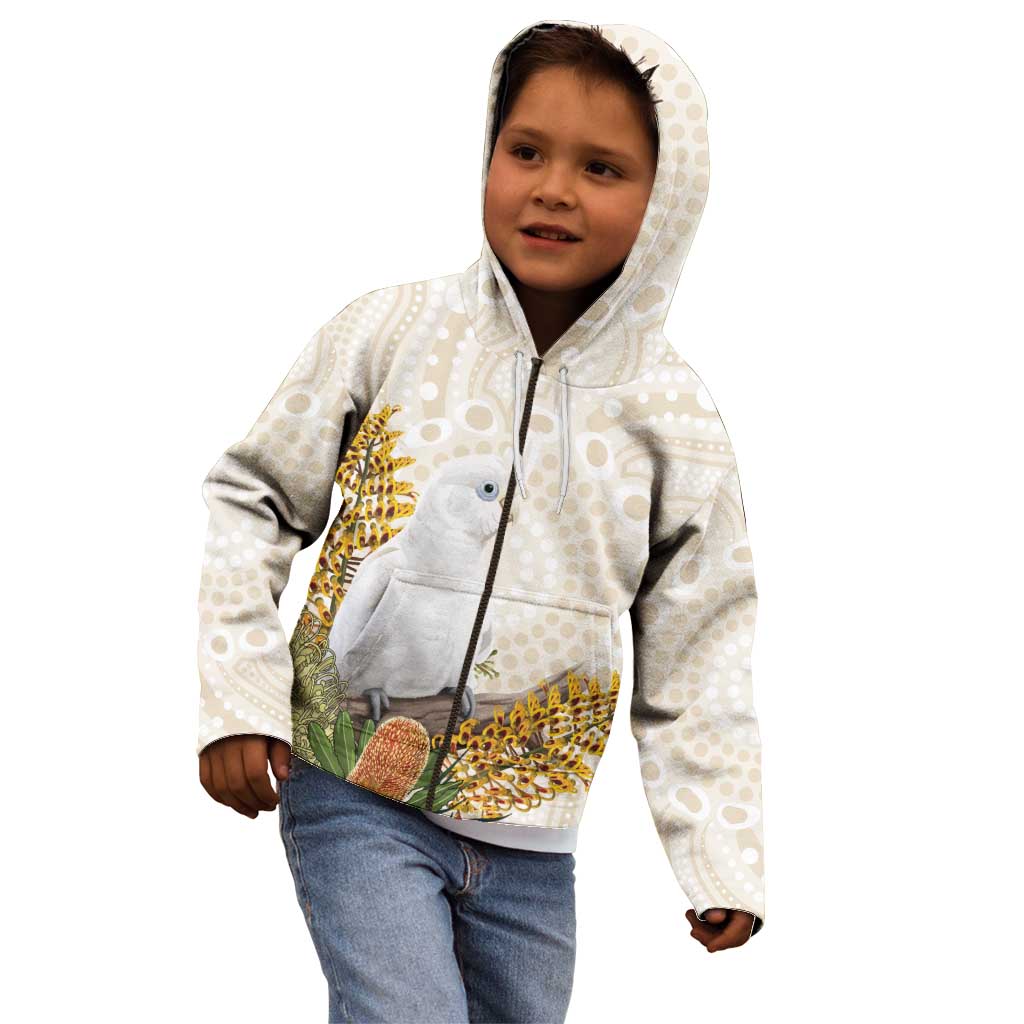 Australia Little Corella Kid Hoodie Cacatua Sanguinea Western Grevillea Aboriginal Art - Aussie Hoodie