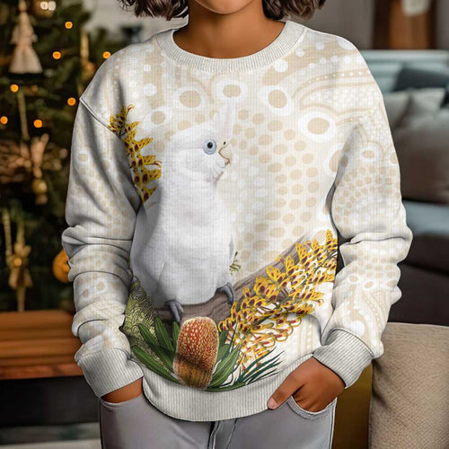 Australia Little Corella Kid Ugly Christmas Sweater Cacatua Sanguinea Western Grevillea Aboriginal Art - Aussie Hoodie