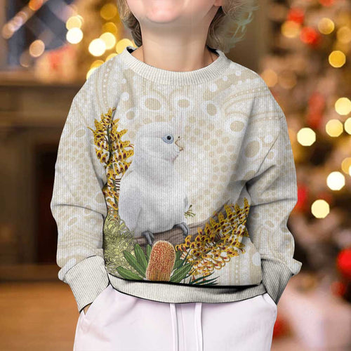 Australia Little Corella Kid Ugly Christmas Sweater Cacatua Sanguinea Western Grevillea Aboriginal Art - Aussie Hoodie
