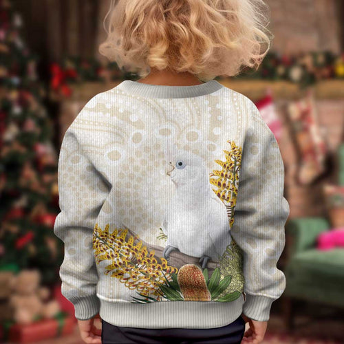 Australia Little Corella Kid Ugly Christmas Sweater Cacatua Sanguinea Western Grevillea Aboriginal Art - Aussie Hoodie