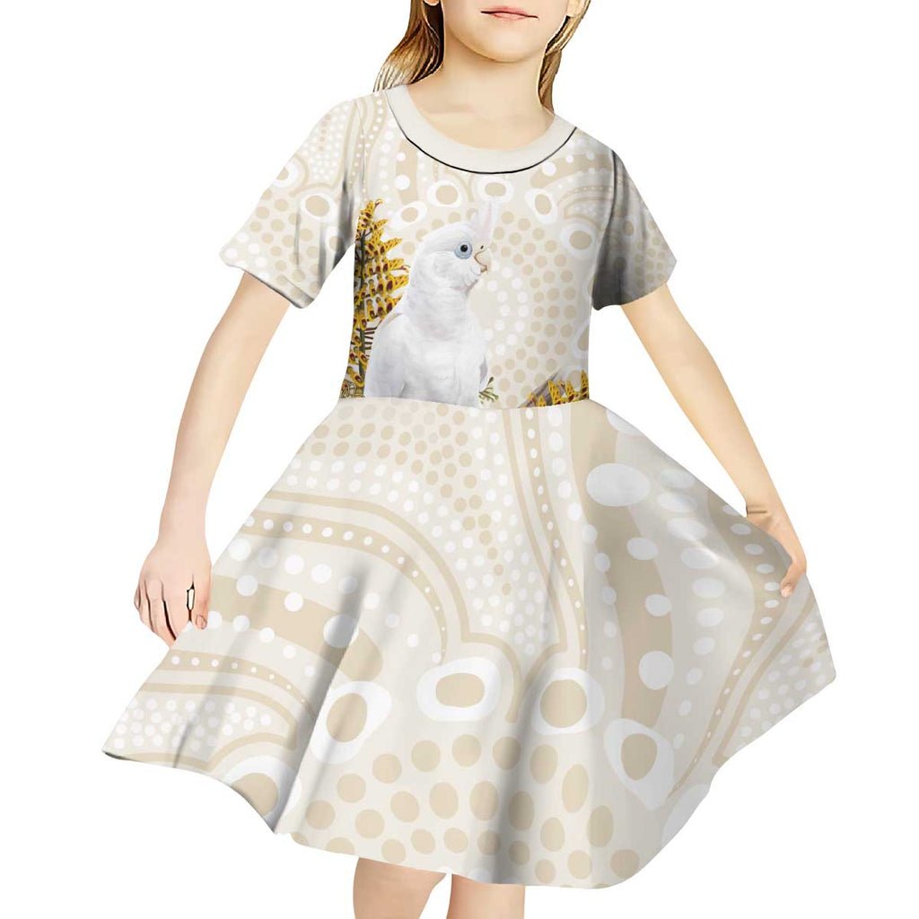 Australia Little Corella Kid Short Sleeve Dress Cacatua Sanguinea Western Grevillea Aboriginal Art - Aussie Hoodie