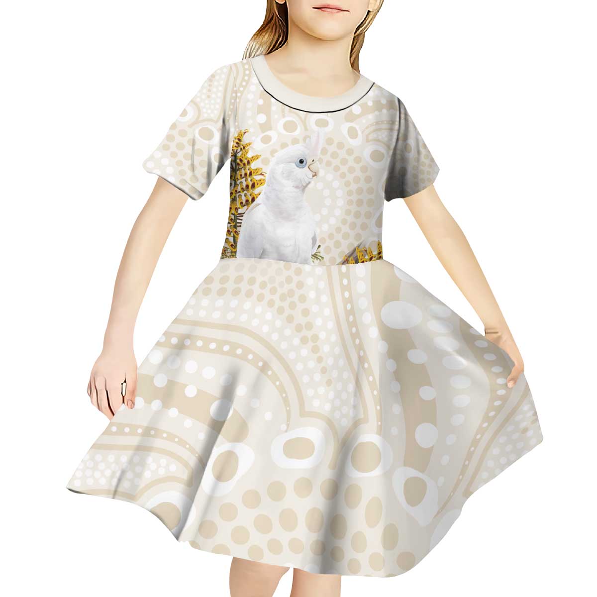 Australia Little Corella Kid Short Sleeve Dress Cacatua Sanguinea Western Grevillea Aboriginal Art - Aussie Hoodie