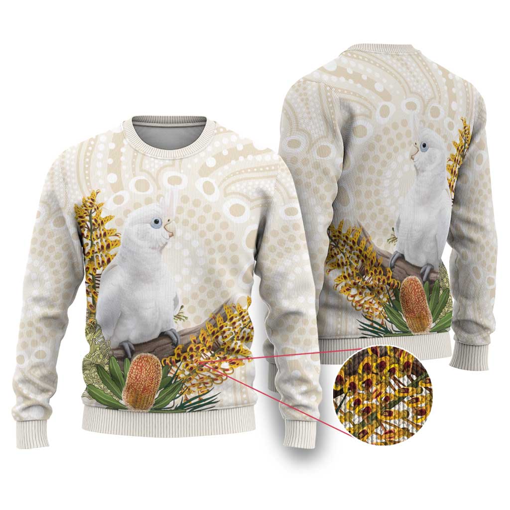 Australia Little Corella Ugly Christmas Sweater Cacatua Sanguinea Western Grevillea Aboriginal Art - Aussie Hoodie