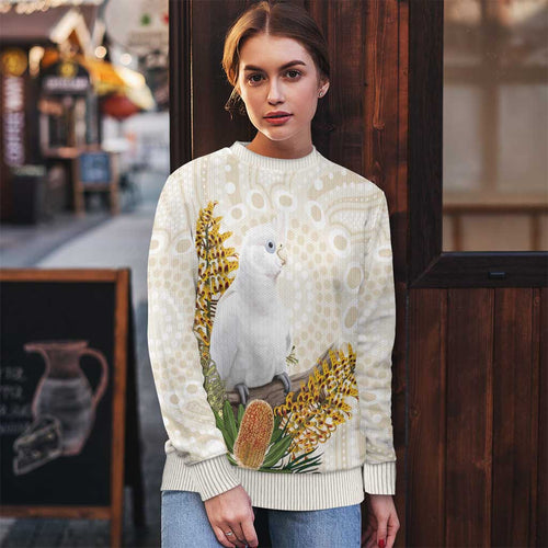Australia Little Corella Ugly Christmas Sweater Cacatua Sanguinea Western Grevillea Aboriginal Art - Aussie Hoodie
