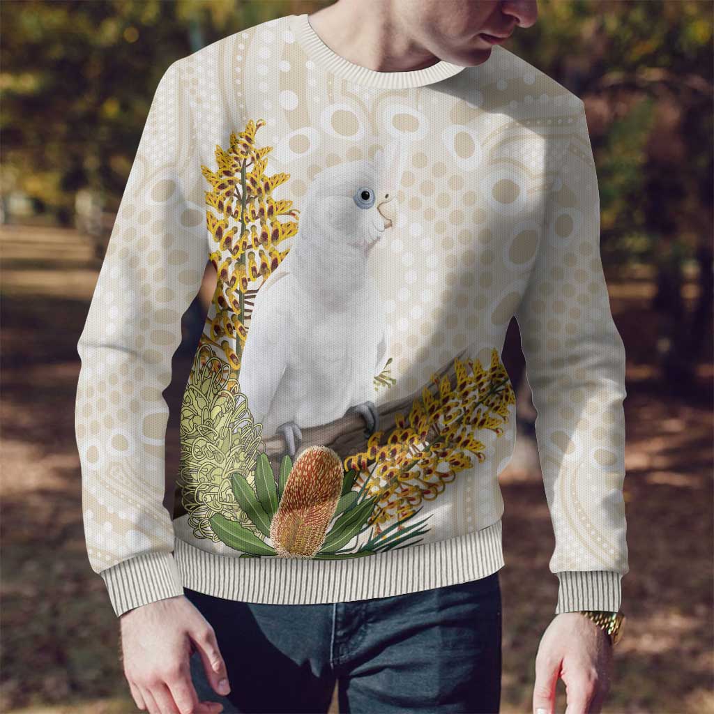 Australia Little Corella Ugly Christmas Sweater Cacatua Sanguinea Western Grevillea Aboriginal Art - Aussie Hoodie